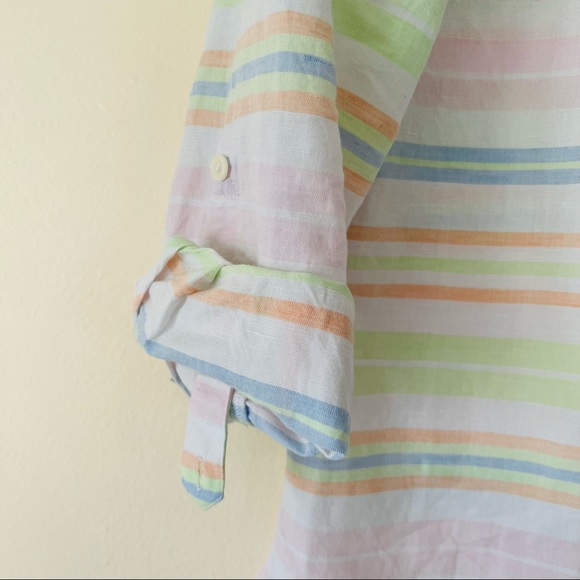 Kim Rogers linen blend button down oversized striped shirt pastel poplin plaid - Picture 7 of 8